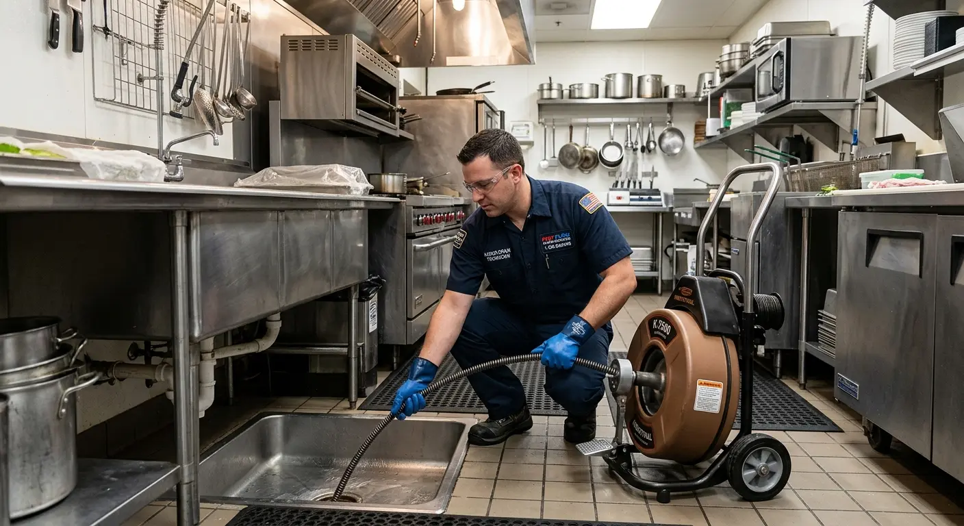 Commercial drain cleaning service in a restaurant kitchen in Conemaugh