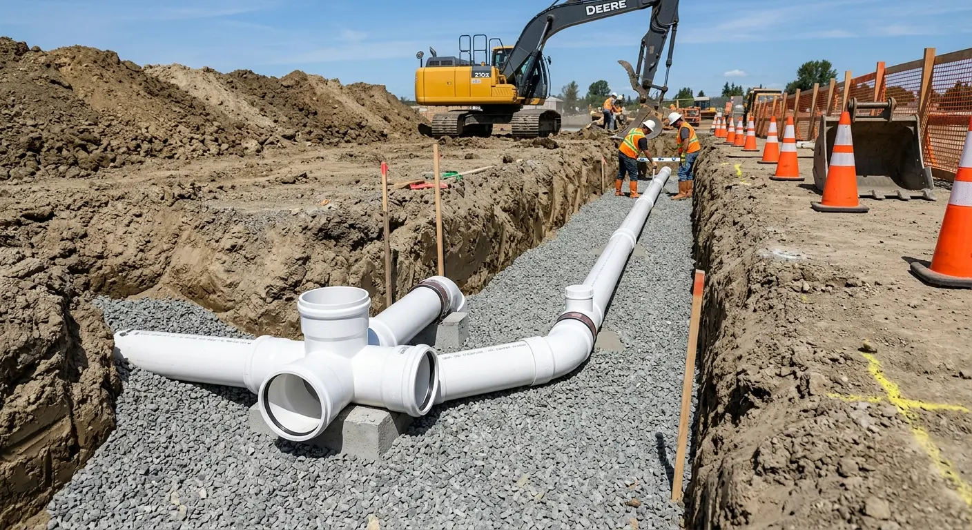 New PVC sewer pipe installation in open trench for Commercial Drain Cleaning in Conemaugh