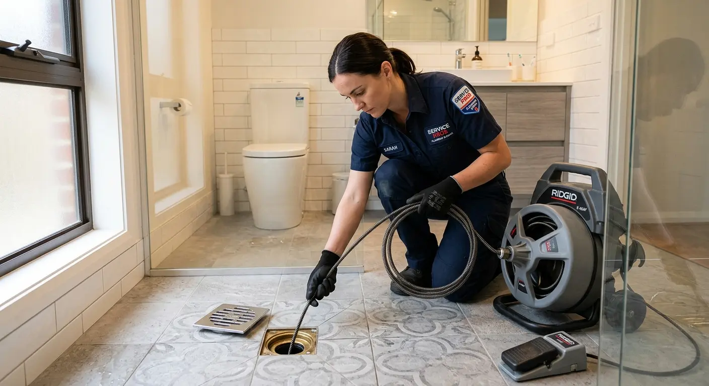 Technician clearing a bathroom floor drain for Drain Cleaning in Conemaugh